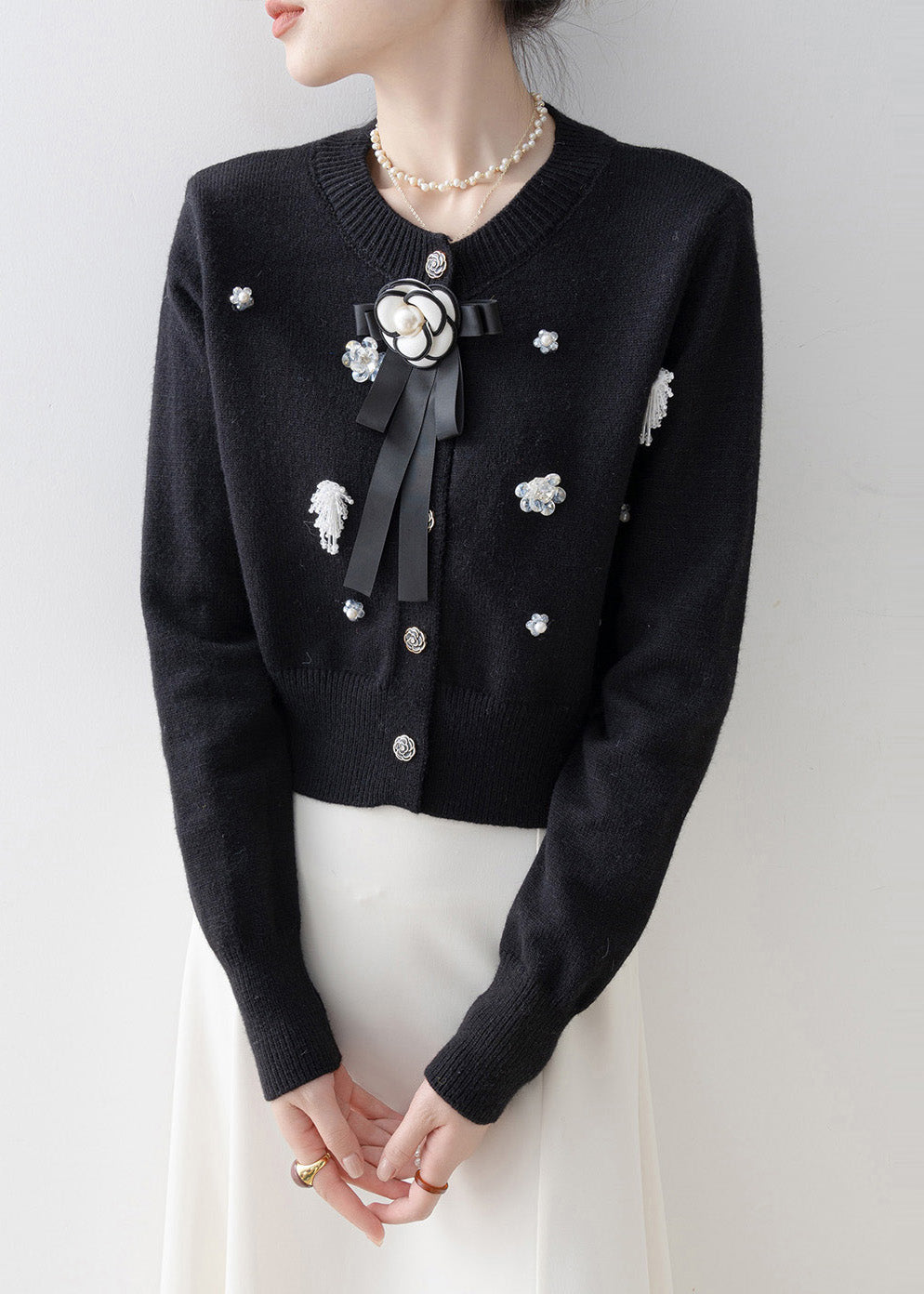 Italian Black O-neck Knit Cardigans Winter