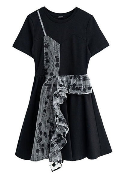 French Black O-neck Asymmetrical Design Patchwork Ruffles Cotton Fake Two Pieces Pleated Dresses Summer