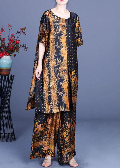 French Black Yellow Print Silk Wide Leg Two Pieces Set