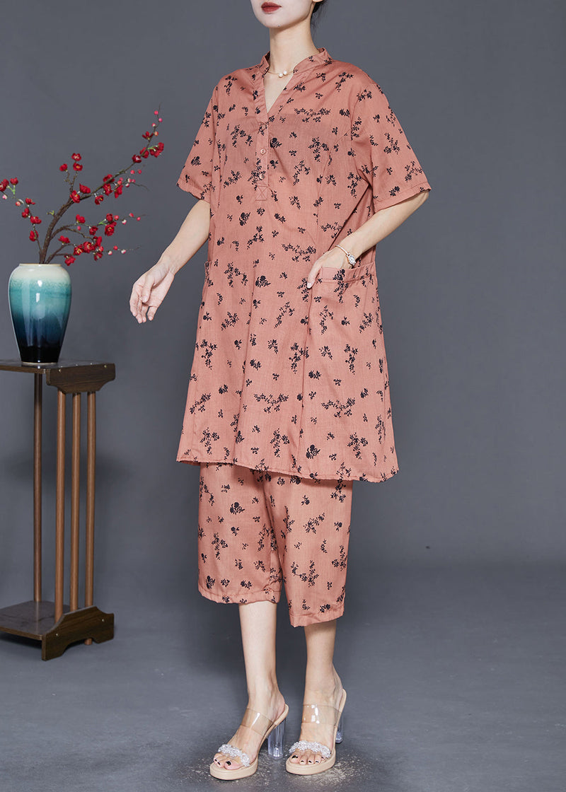 Orange Oversized Print Pockets Cotton Two Pieces Set Summer