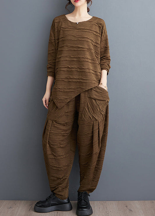 Coffee Asymmetrical Pockets Cotton Two Pieces Set O-neck Long Sleeve