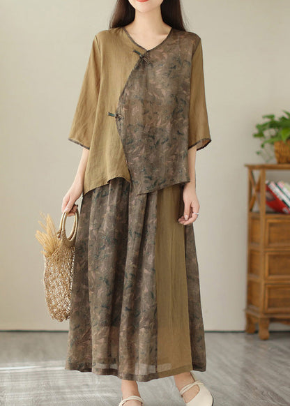 Khaki Print Linen Top and a Line Skirts Two Pieces Set Summer