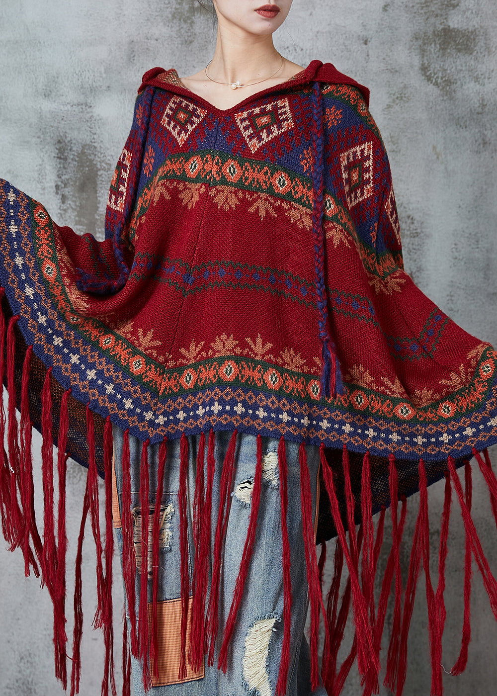Mulberry Tasseled Print Knit Hooded Coat Spring