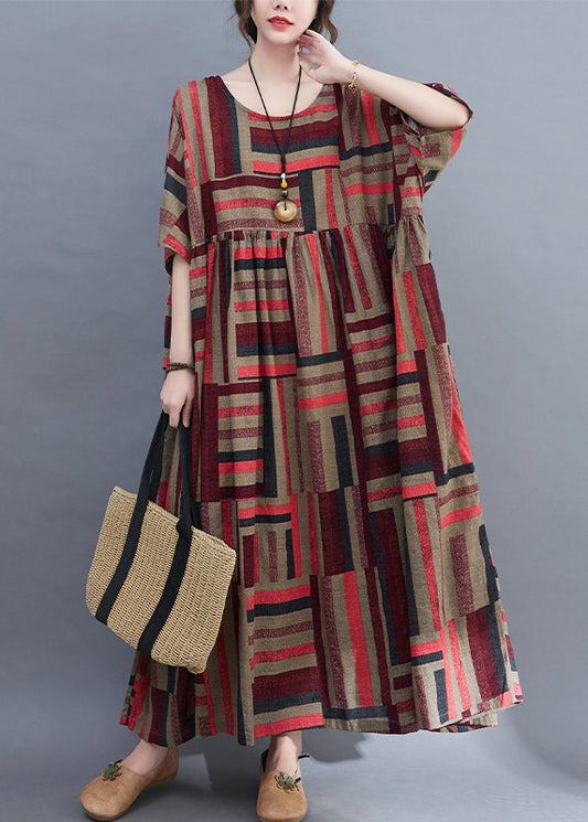 Red O-neck Wrinkled Loose Holiday Dress Short Sleeve