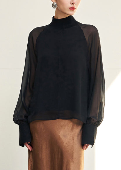 Loose Black Turtleneck Thin Silk Shirt Fall