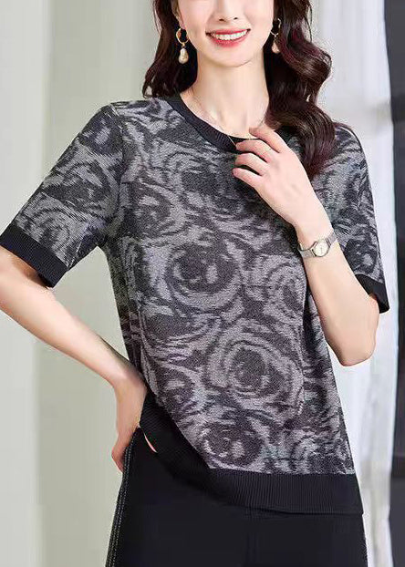 Diy Blue O-neck Print Knit Top Summer