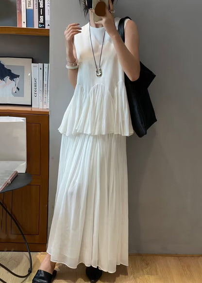 Loose White Wrinkled Chiffon Two-piece Set Sleeveless