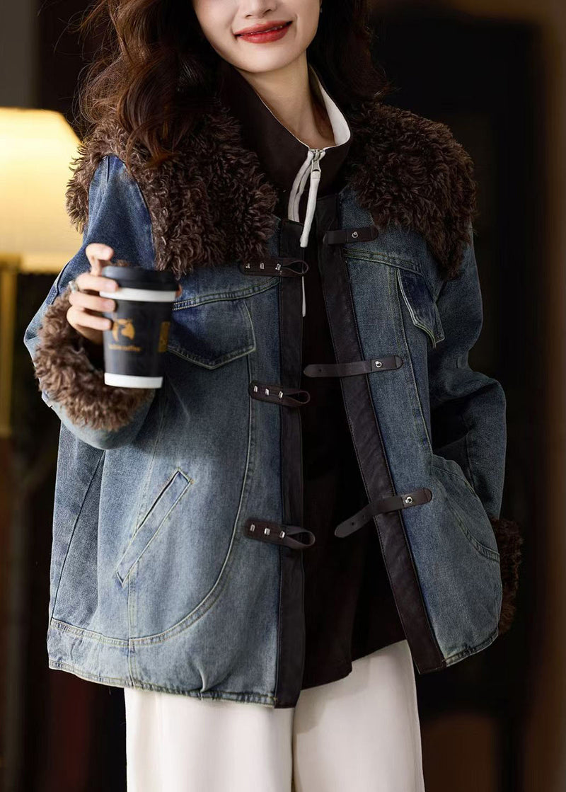 Blue Fur Patchwork Denim Fine Cotton Filled Jacket Winter