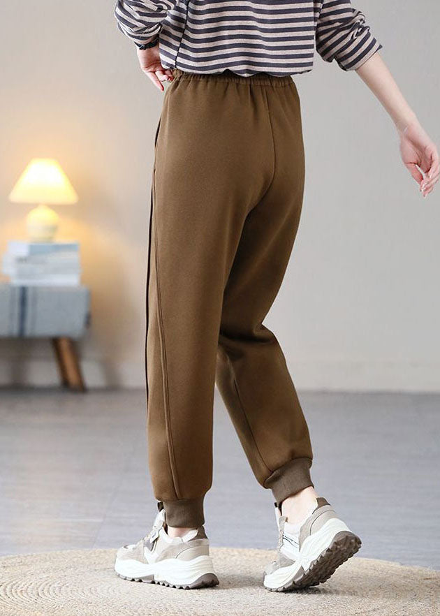 Coffee Elastic Waist Patchwork Drawstring Warm Fleece Pants Trousers Spring