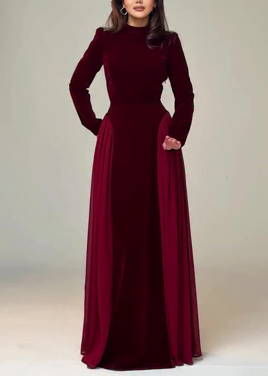 Wine Red Chiffon Patchwork Velour Long Dresses Tie Waist