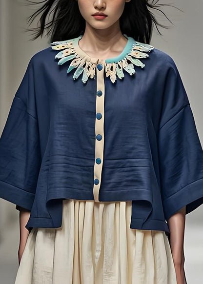 Navy Petal Neck Button Patchwork Cotton Short Coat Bracelet Sleeve