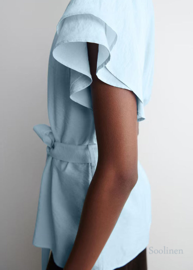 Blue Tie Waist Cotton Top Cloak Sleeves