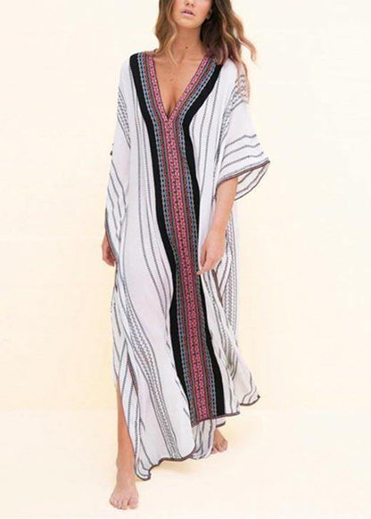 Loose White Striped Patchwork Beach Gown Holiday Cotton Dress
