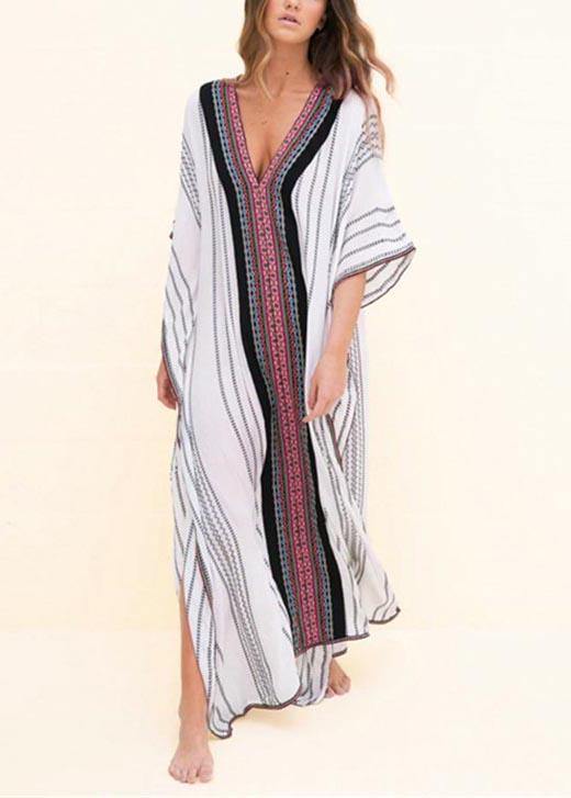Loose White Striped Patchwork Beach Gown Holiday Cotton Dress