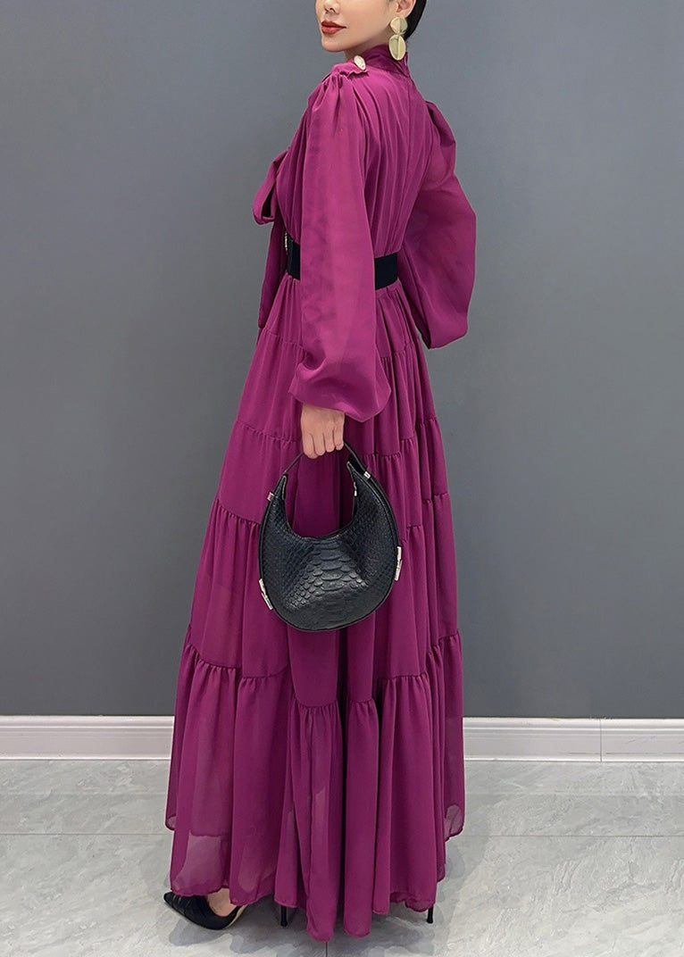 Purple V Neck Patchwork Party Chiffon Long Dress Fall