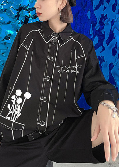 Black Print Drawstring Button Fall Long Sleeve Shirts