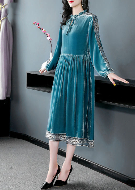 Peacock Blue Ruffled Embroideried Patchwork Silk Velour Dress Spring