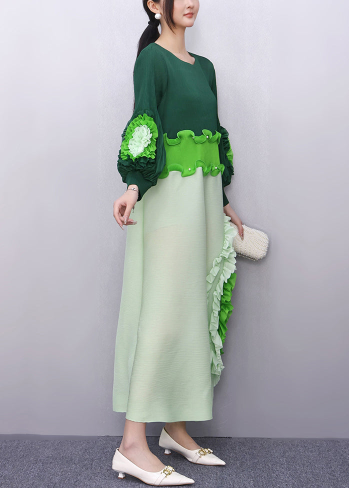 Loose Green O-neck Ruffled Patchwork Long Dress Fall