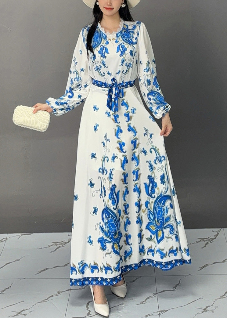White Print Lace Up Cotton Long Dress Fall