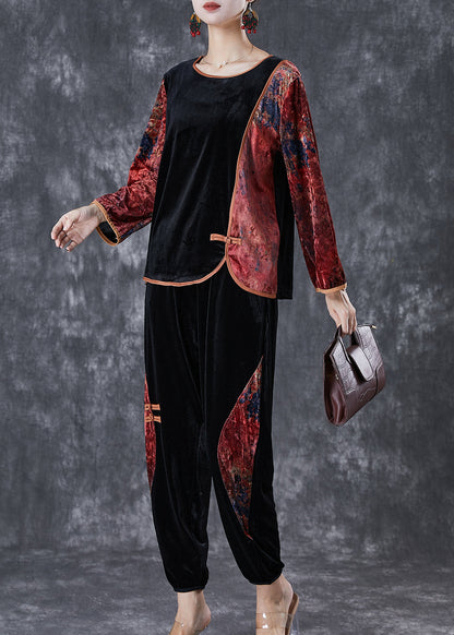 Red Oversized Patchwork Print Silk Velour Two Pieces Set Fall
