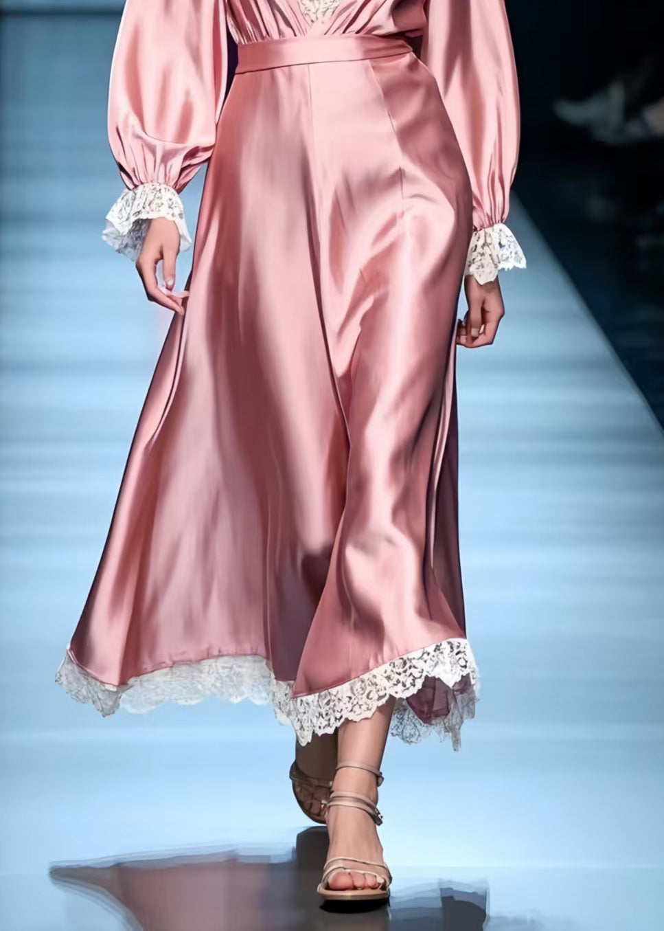 Pink V Neck Patchwork Lace Holiday Dress Spring
