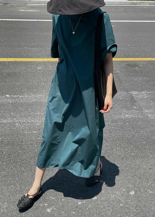 Blue O Neck High Waist Cotton Long Dress Half Sleeve