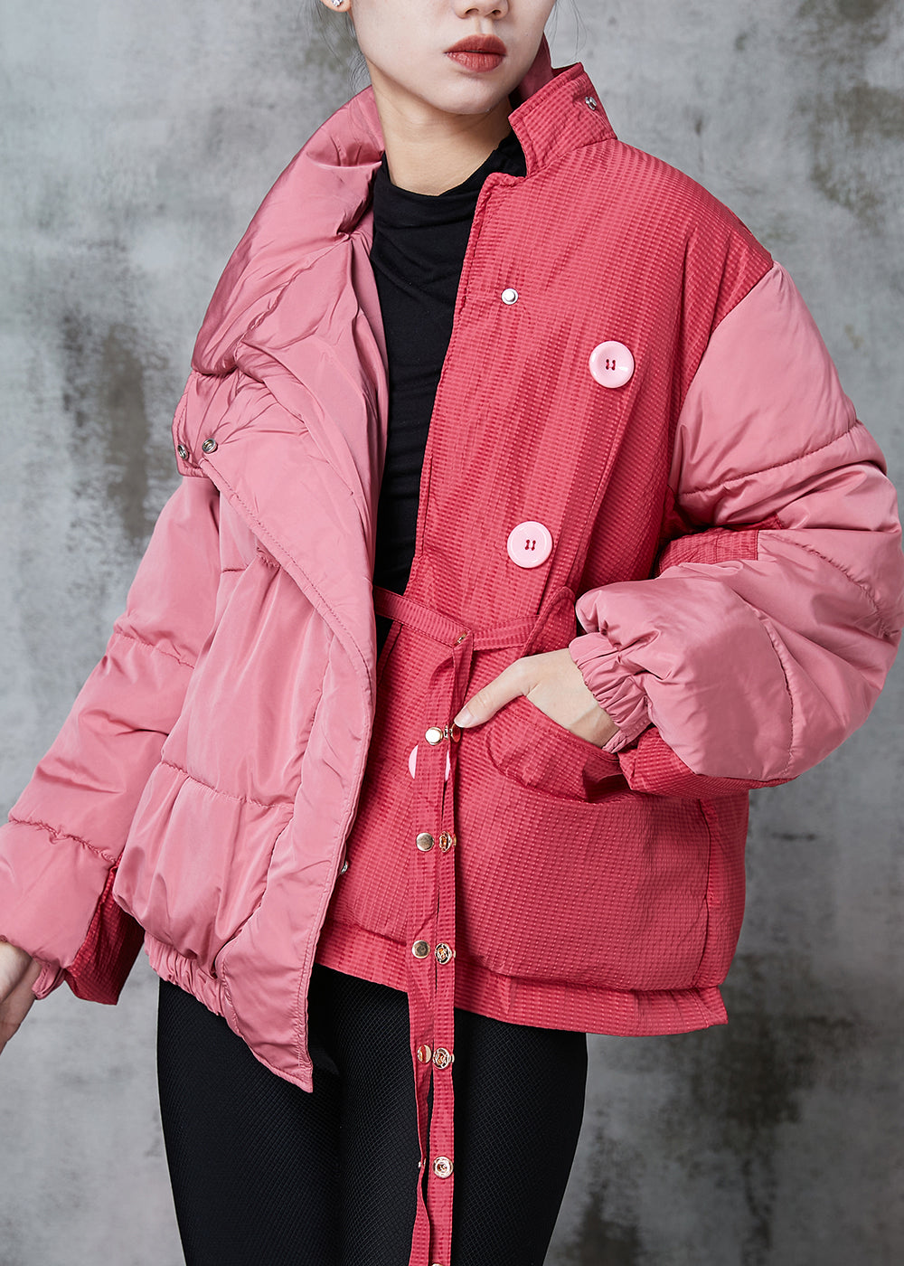 Pink Asymmetrical Patchwork Lace Up Fine Cotton Filled Parka Jacket Winter