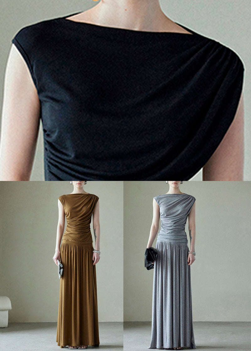 New Black Wrinkled Silk Cotton Two Piece Set Sleeveless