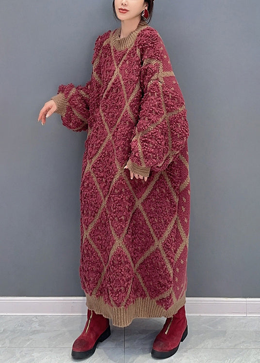 Red O Neck Plaid Patchwork Cotton Knit Dresses Long Sleeve