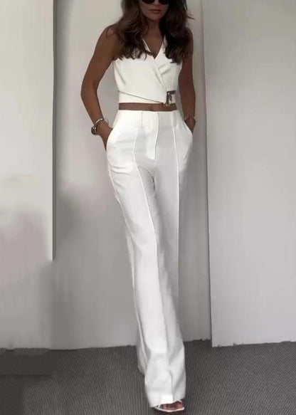 New White V Neck Pockets Cotton Two Pieces Set Sleeveless