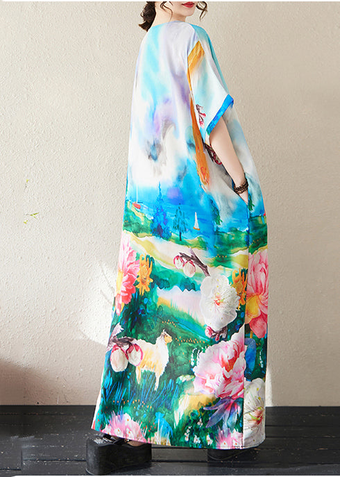 Blue Oversized Tie Dye Cotton Maxi Dresses Summer