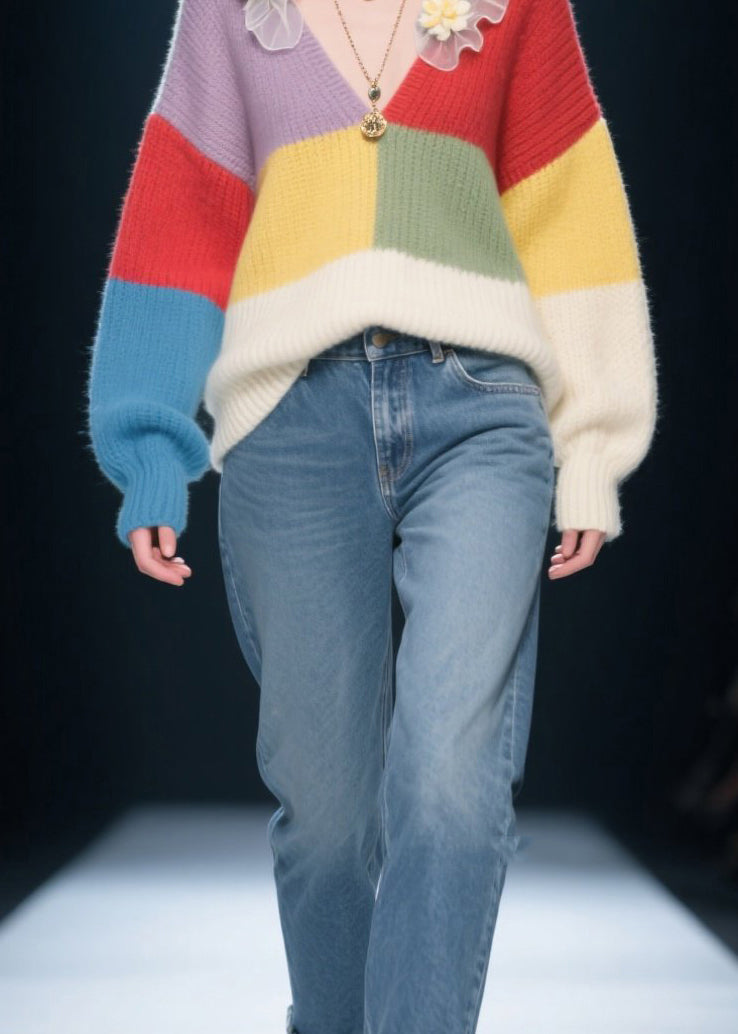 Fitted Colorblock V Neck Ruffled Knit Pullover Fall
