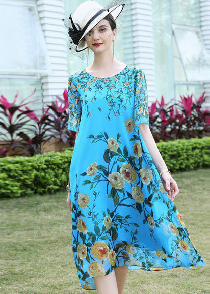 Blue O-neck Print Silk Vacation Dress Summer