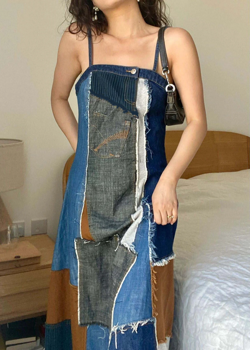 Unique Blue Asymmetrical Patchwork Denim Spaghetti Strap Dress Summer