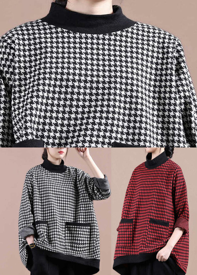 White Plaid Turtleneck Pockets Patchwork Top Long Sleeve