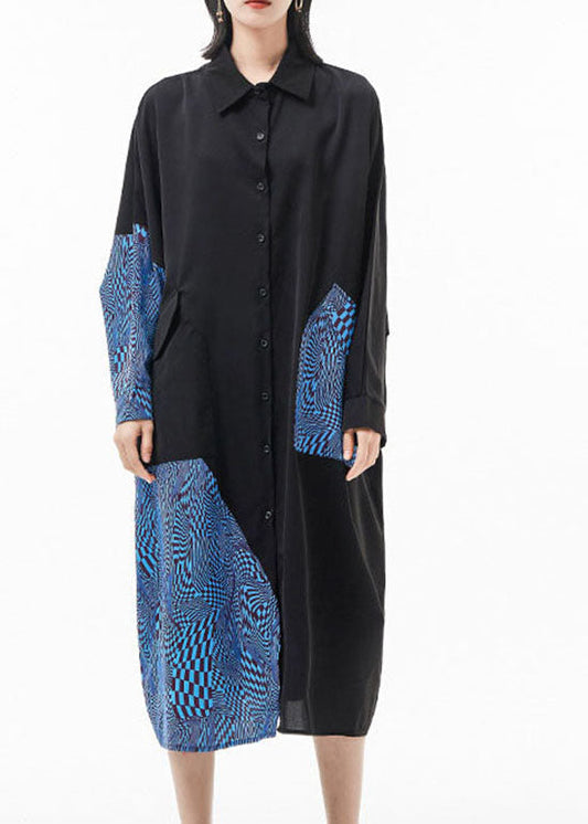 Blue Peter Pan Collar Batwing Sleeve Patchwork Silk Shirt Dresses