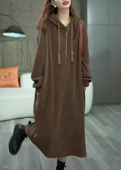 Loose Coffee Hooded Pockets Cotton Long Dress Winter