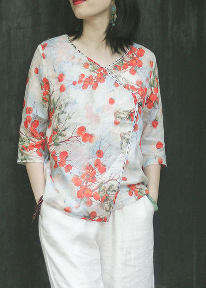Slim Fit Light Green Button V Neck Linen Tops Three Quarter Sleeve
