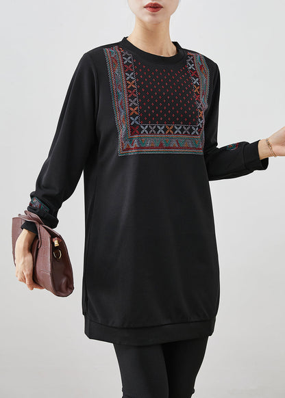 Black Oversized Zircon Cotton Sweatshirts Dress Fall