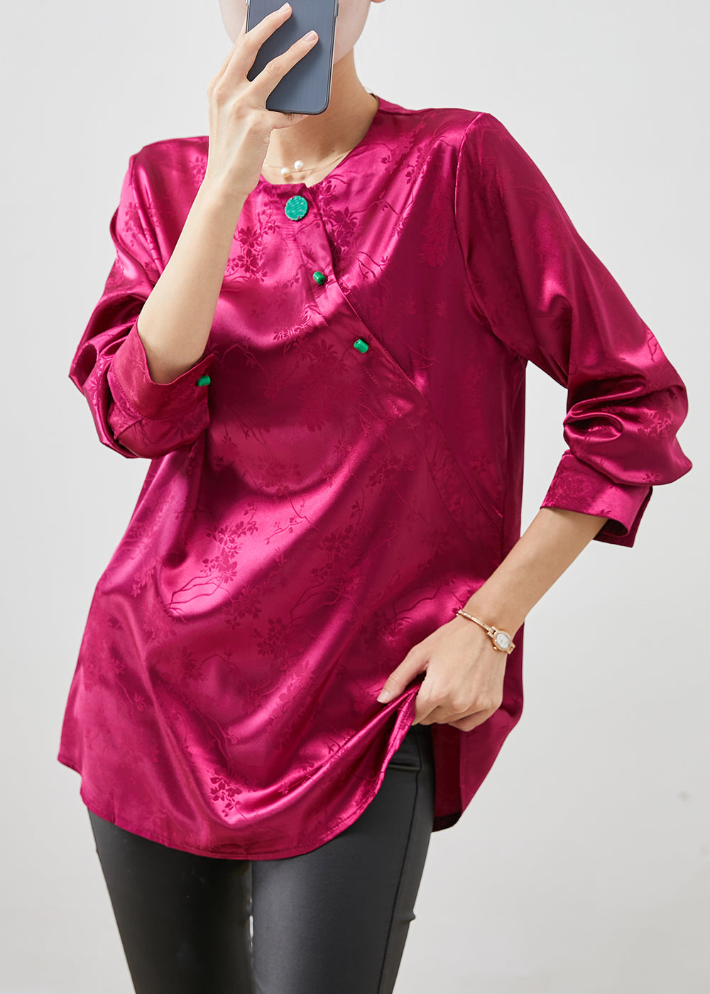 Rose Jacquard Slim Fit Silk Shirt Top Fall