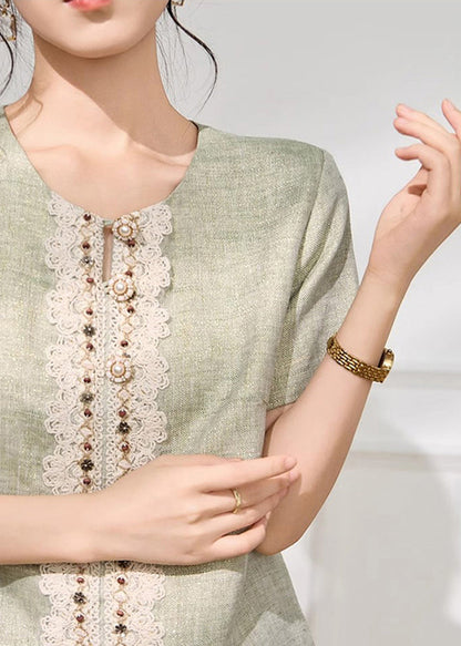Style Green Lace Nail Bead Patchwork Mid Dresses Short Sleeve