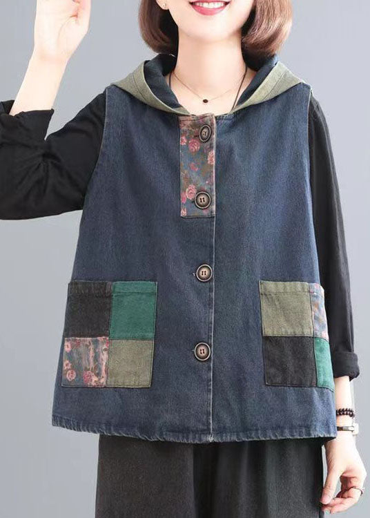 Blue Print Pockets Patchwork Denim Hoodies Vest Fall