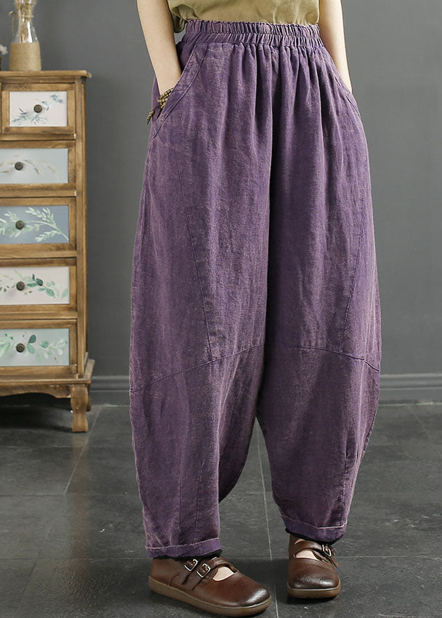 Natural Purple Pockets Patchwork Lastic Waist Linen Lantern Pants Fall