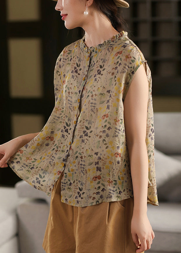 Khaki Ruffled Print Linen Blouses Sleeveless