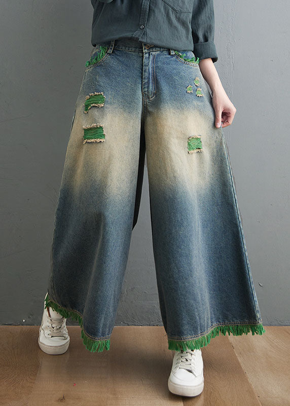 Blue High Waist Hole Pockets Tassel Cotton Denim Wide Leg Pants Spring