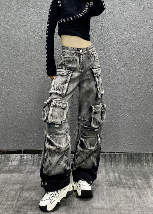 Gray Black Multi Pocket Denim Pants Autumn