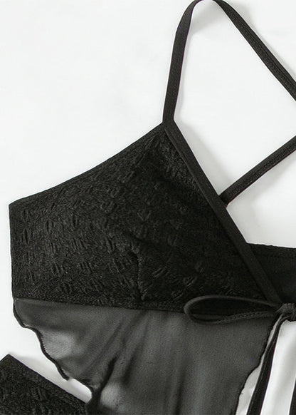 Black Lace Up Ruffled Beach Swimwear Set
