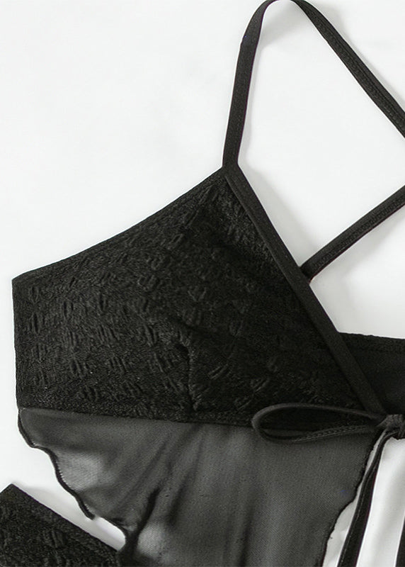 Black Lace Up Ruffled Beach Swimwear Set