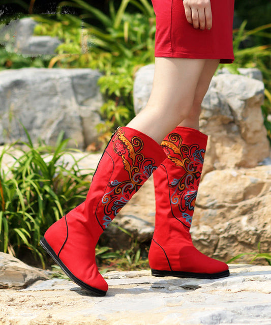 Red Wedge Boots Embroideried Comfy Cotton Fabric Zippered Splicing Boots