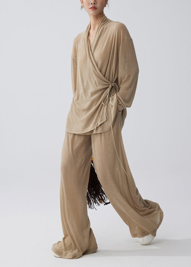 Coffee Tie Waist Side Knit Two Pieces Set Summer